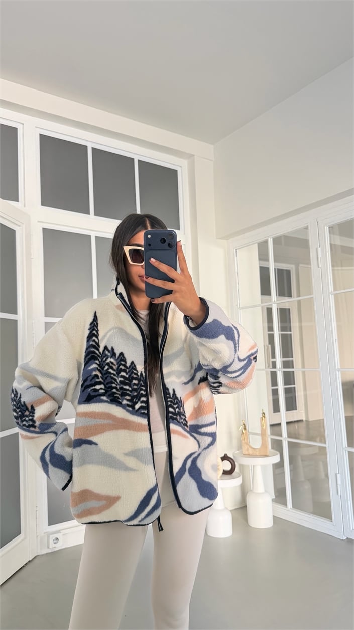Ekru Ağaç Desenli Polar Sweatshirt GAUS-01909