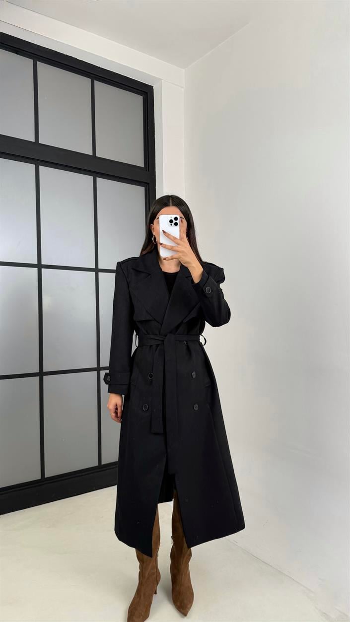 Siyah Astarlı Kuşaklı Süet Trençkot GAUS-00228