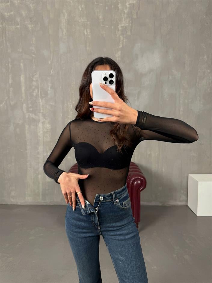 Reyya Siyah Taşlı Transparan Bodysuit 