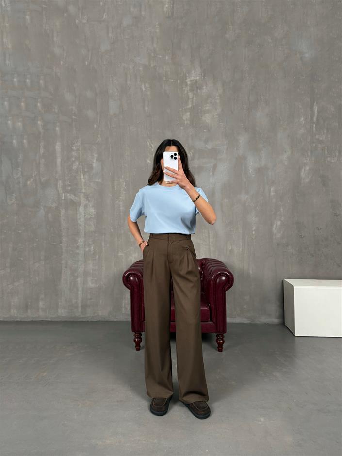 Rigal Kahve Ön Düğme Detaylı Kumaş Pantolon