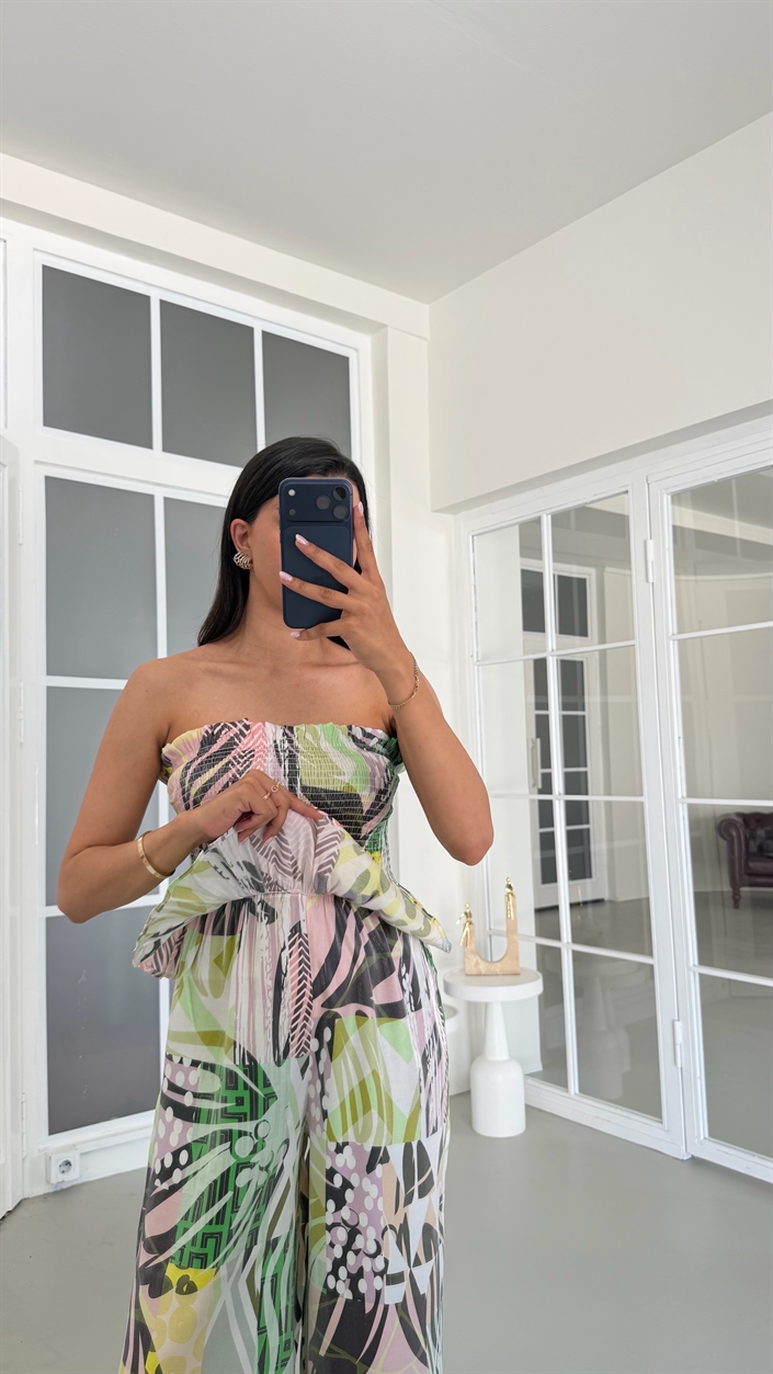 Çok Renkli Desenli Beli Lastikli Straplez Tulum GAUS-01809
