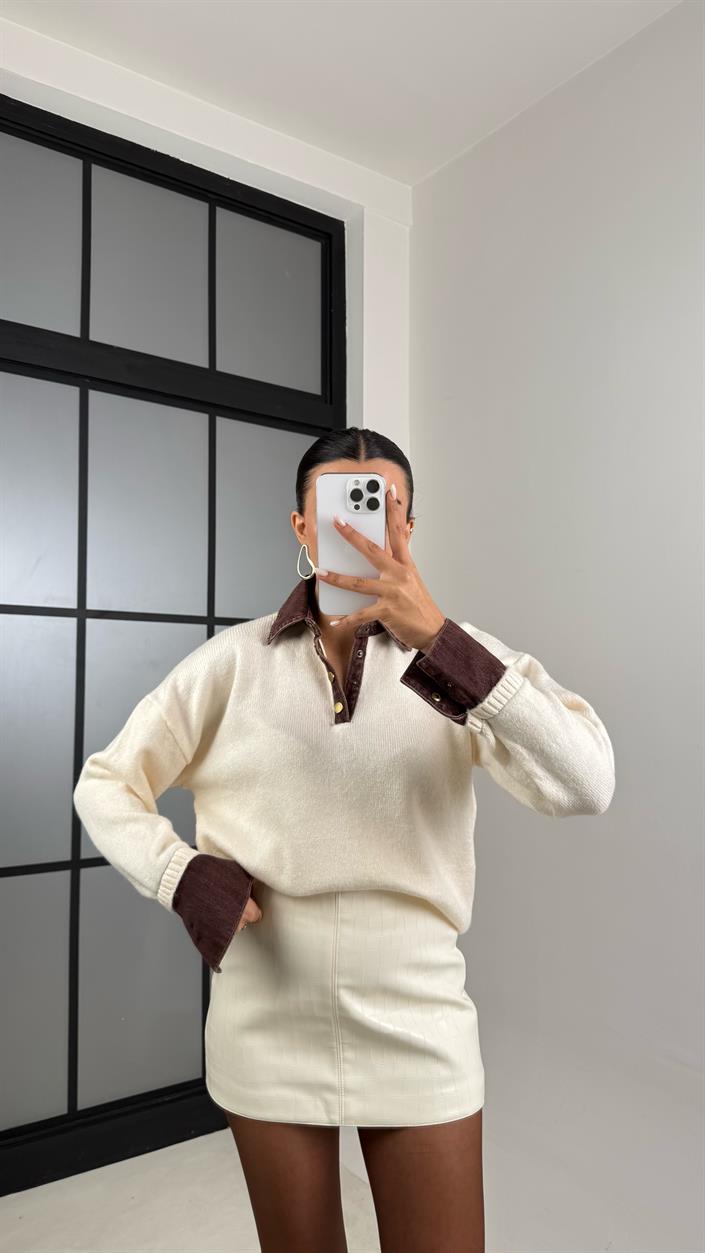 Krem Denim Yaka Detaylı Kazak GAUS-00507