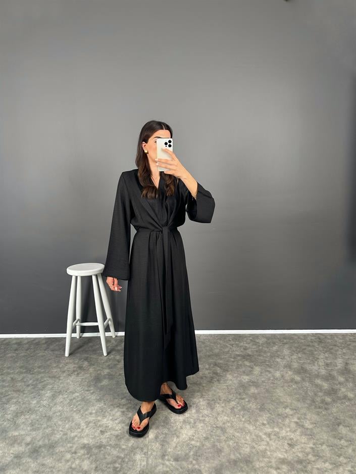 Aury Siyah Önden Bağlamalı Pinterest Keten Elbise