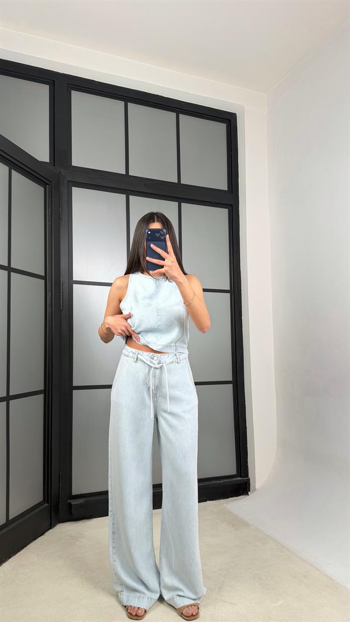Buz Mavi Fermuarlı Bluz Beli Kuşaklı Pantolon İkili Denim Takım GAUS-01380 GAUS-01379