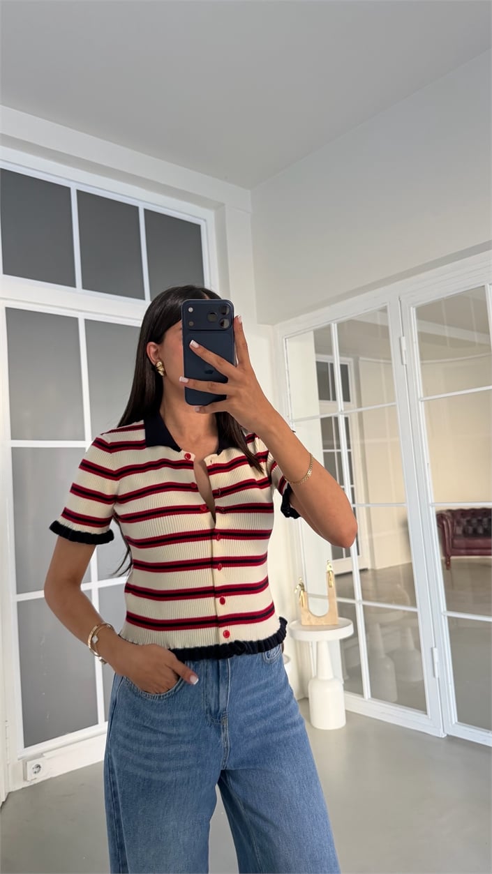 Krem Polo Yaka Çizgili Fırfır Yakalı Triko Hırka GAUS-02027