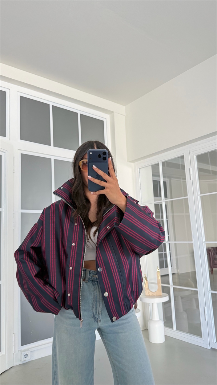 Pembe Şeritli Dik Yaka Astarlı Premium Bomber Ceket GAUS-02029 GAUS-02095
