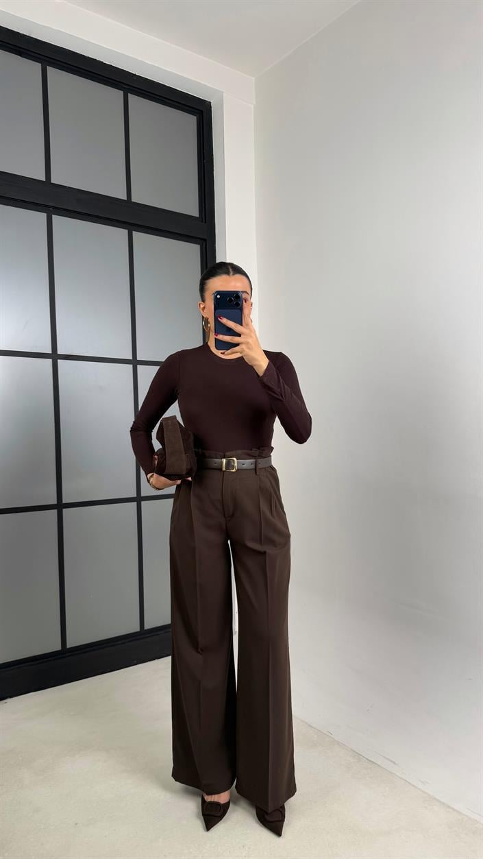Acı Kahve Pile Detaylı Kemerli Kumaş Pantolon GAUS-00695