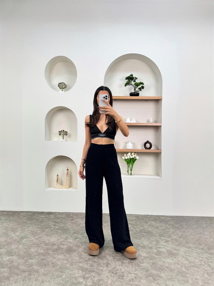 Ruvi Siyah Tasarım Triko Pantolon