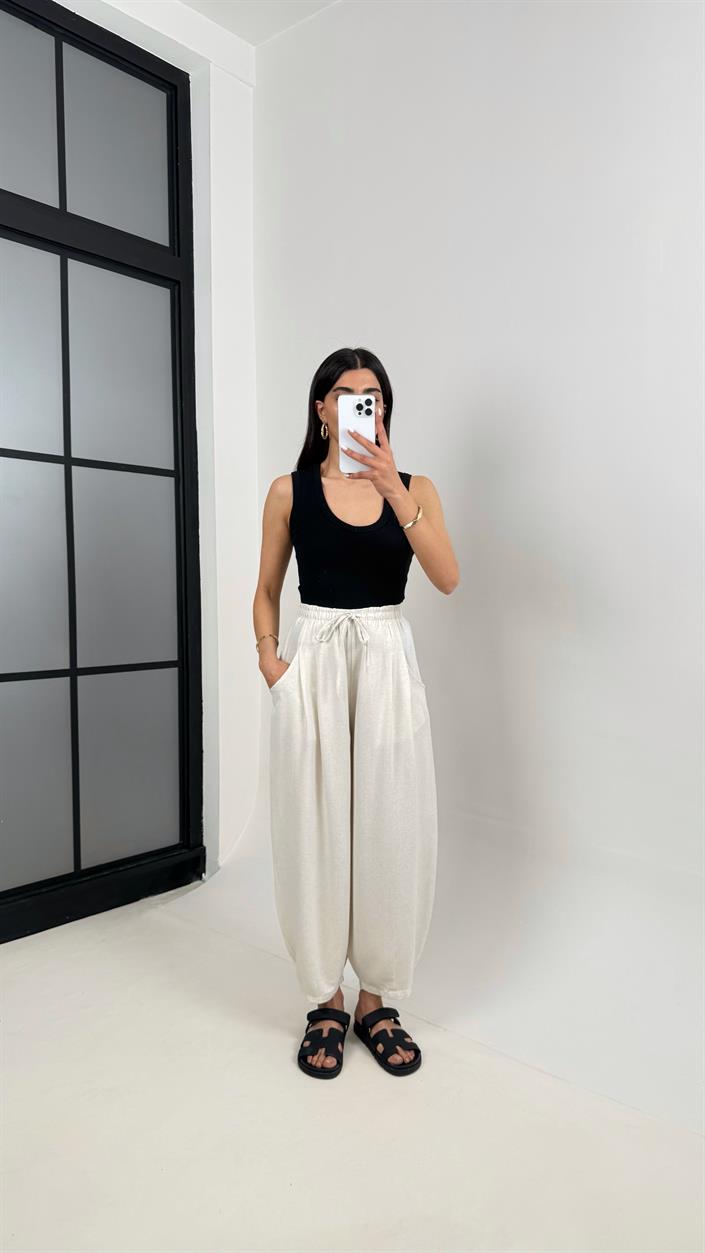 Taş Beli Lastikli Cepli Balon Keten Pantolon Gaus00391