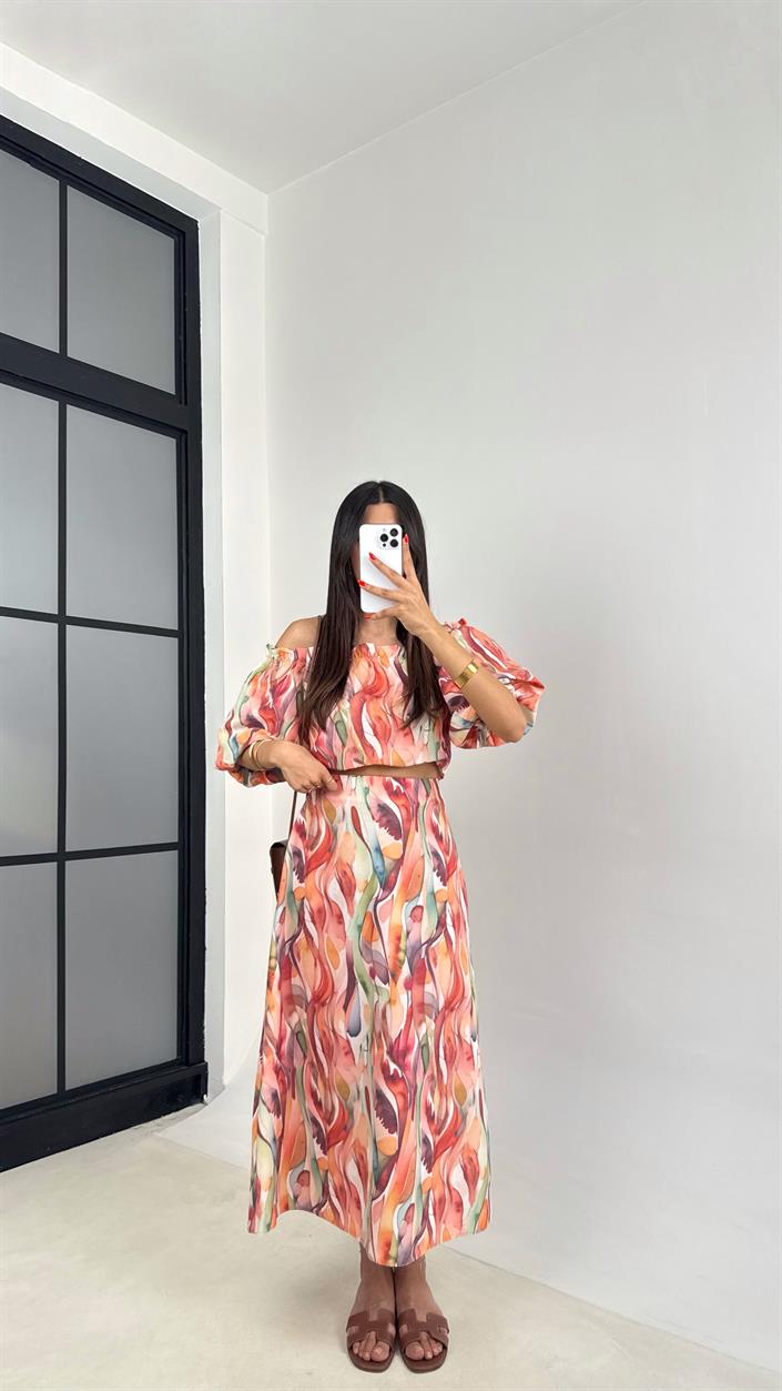 Pembe Desenli Balon Kol Crop Etek İkili Keten Takım GAUS-0055