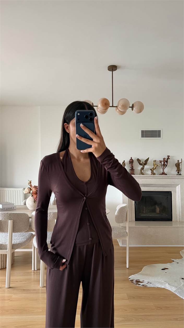 Kahve ZR Model Atlet Detaylı Hırka Pantolon İkli Takım GAUS-02100