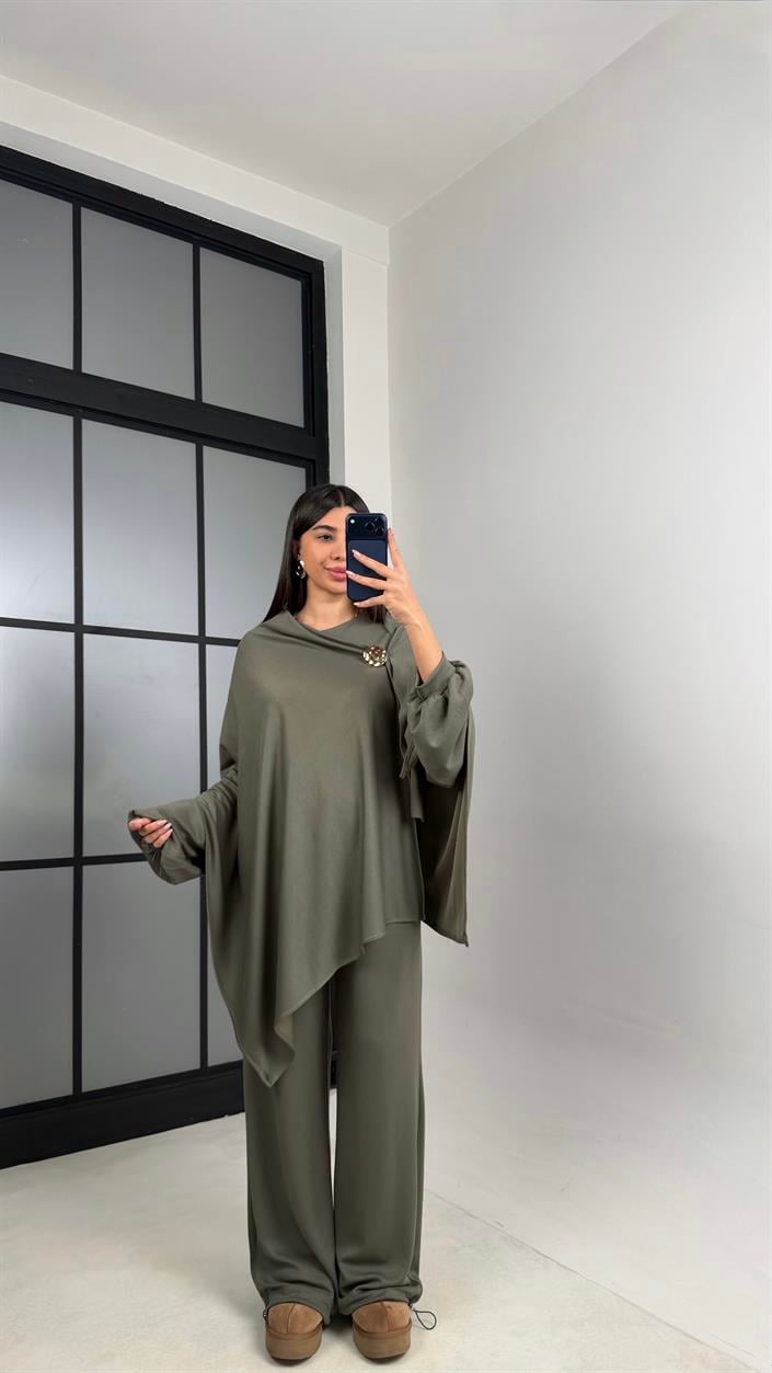 Haki Gold Tokalı Pelerin Bluz Beli Lastikli Pantolon Modal Kumaş Takım GAUS-00871