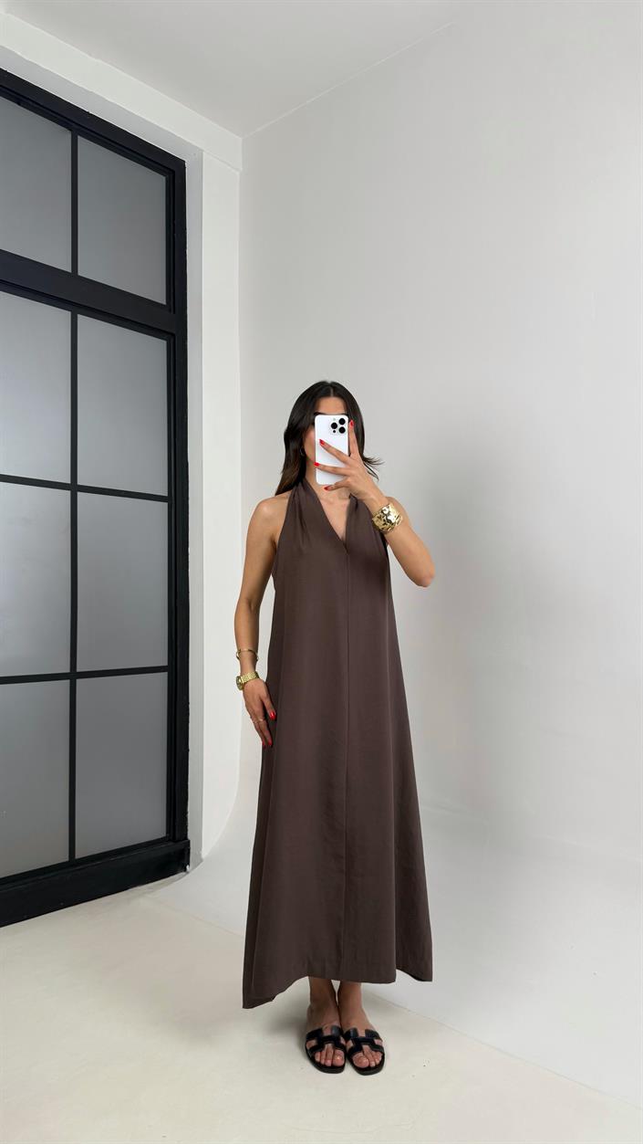 Kahve V Yaka Sırt Detaylı Premium Tencel Elbise Gaus00481 