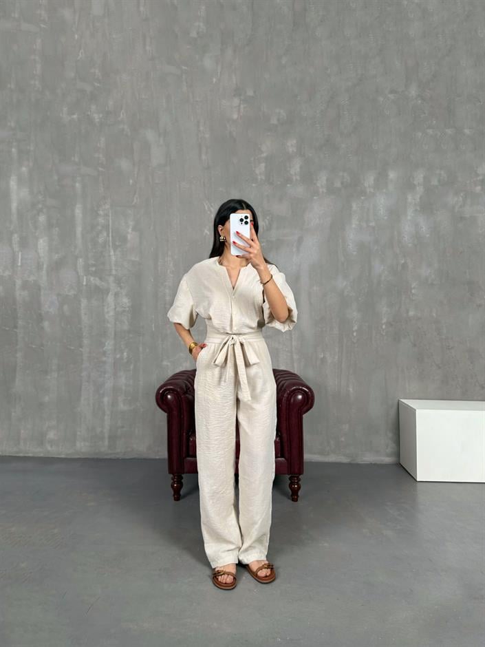 Taş Kuşaklı V Yaka Keten Kısa Balon Kol Tulum Gaus00179