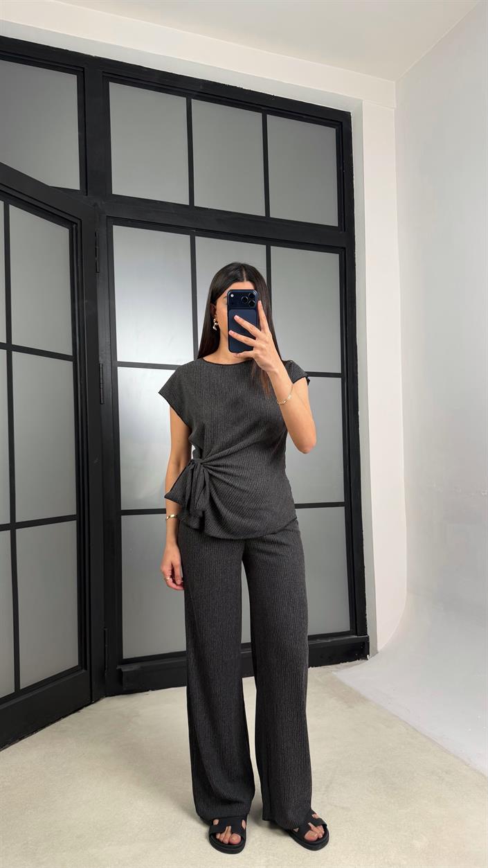 Antrasit Bağlama Detaylı Bluz Beli Lastikli Pantolon Krinkıl Kumaş Takım GAUS-01308