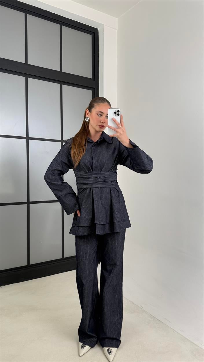 Lacivert Gümüş Çizgili Bağlama Detaylı Gömlek Pantolon Denim Takım GAUS-00638