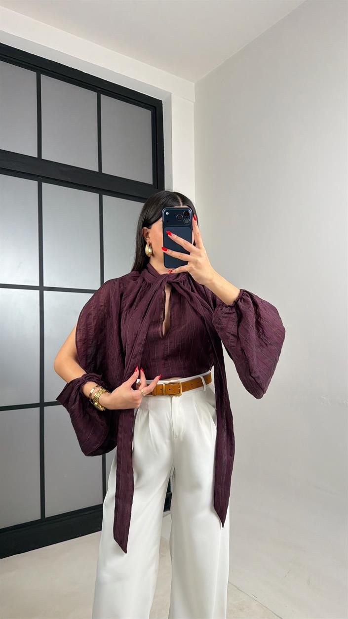 Mürdüm Balon Kol Şifon Gömlek GAUS-01048