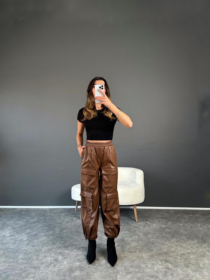 Kahverengi Kargo Cepli Deri Pantolon 