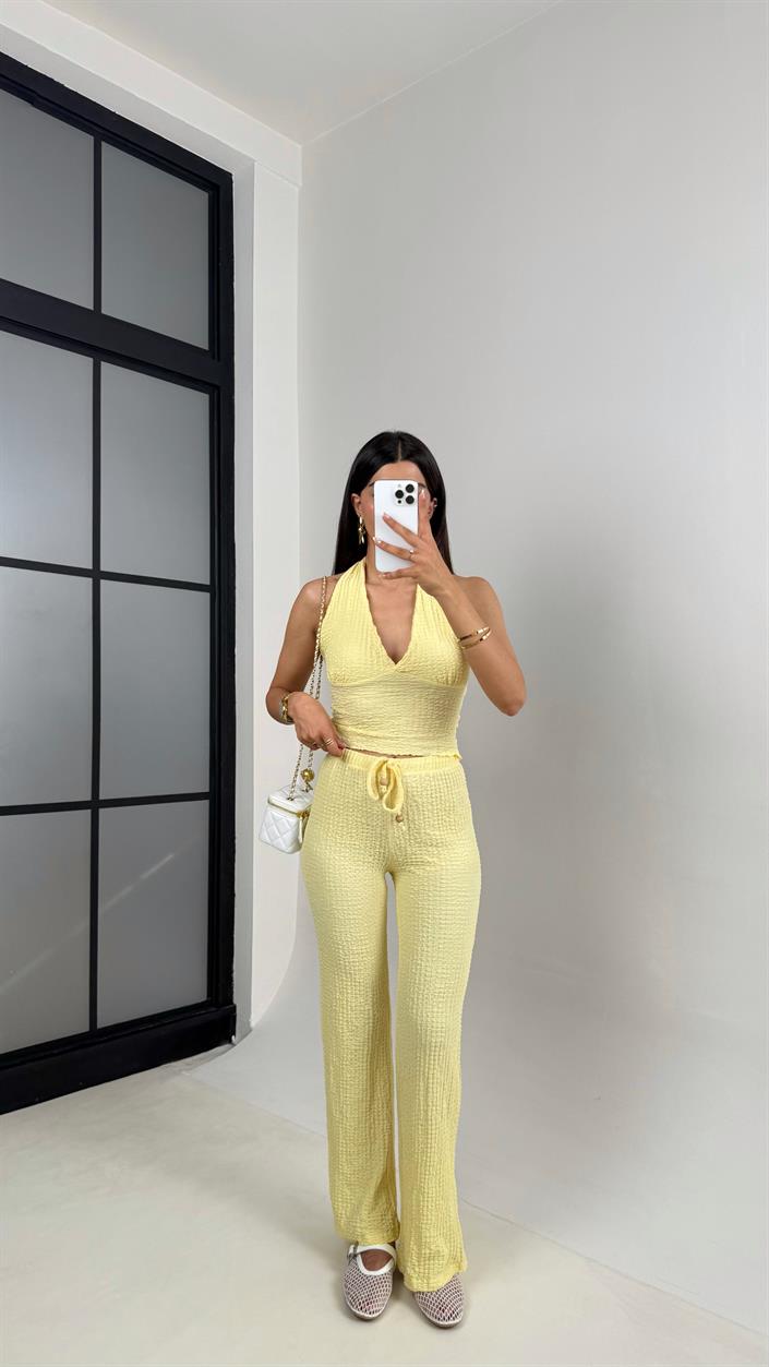 Sarı Boyundan Askılı Sırt Dekolteli Crop Beli Lastikli Pantolon İkili Bürümcük Takım Gaus00609