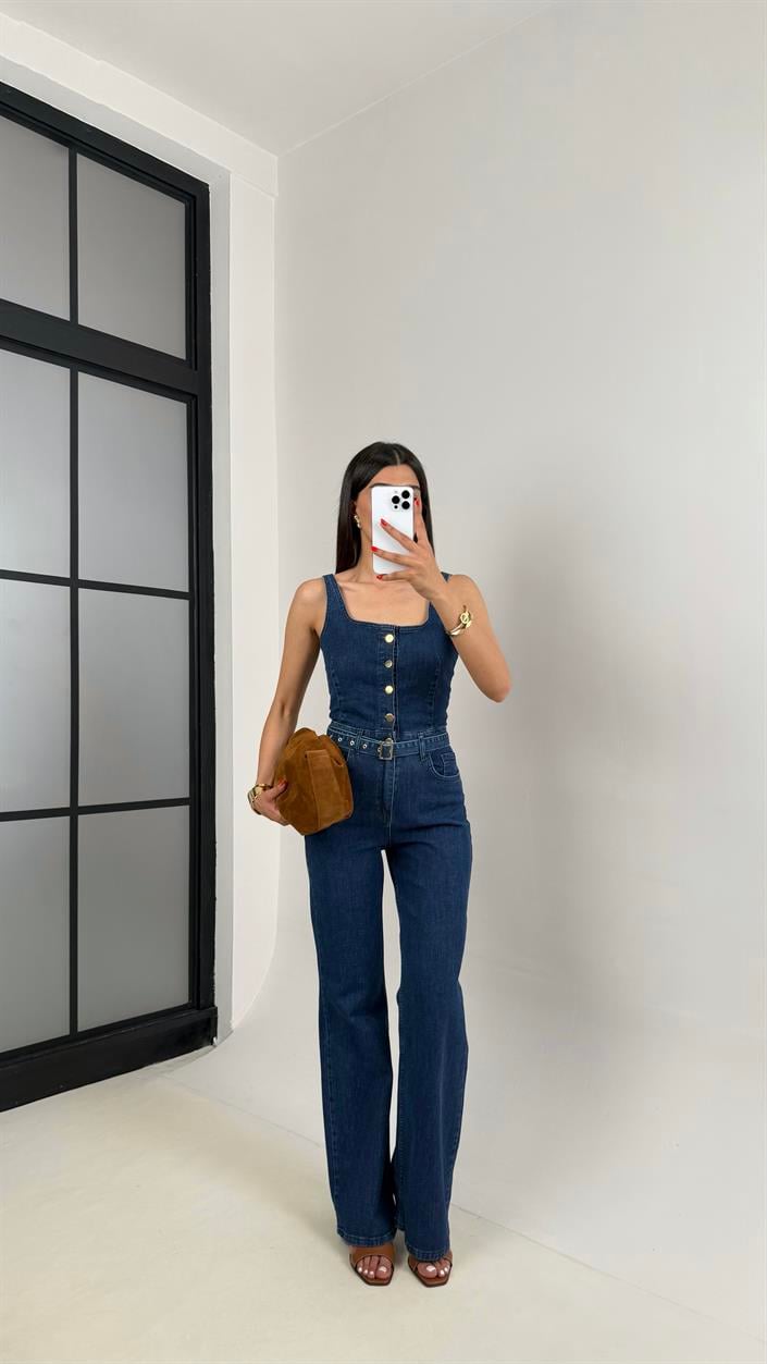 Lacivert Önü Düğmeli Kemerli Likralı Denim Tulum Gaus00473