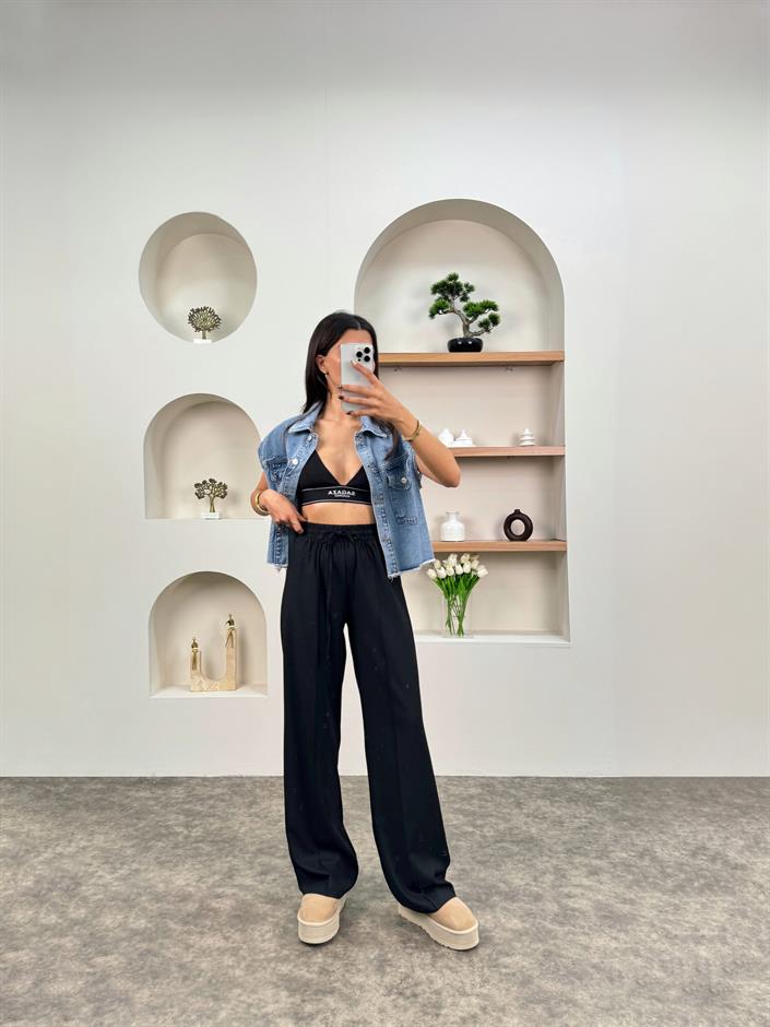 Molin Siyah Beli İpli Lastikli Çımalı Pantolon