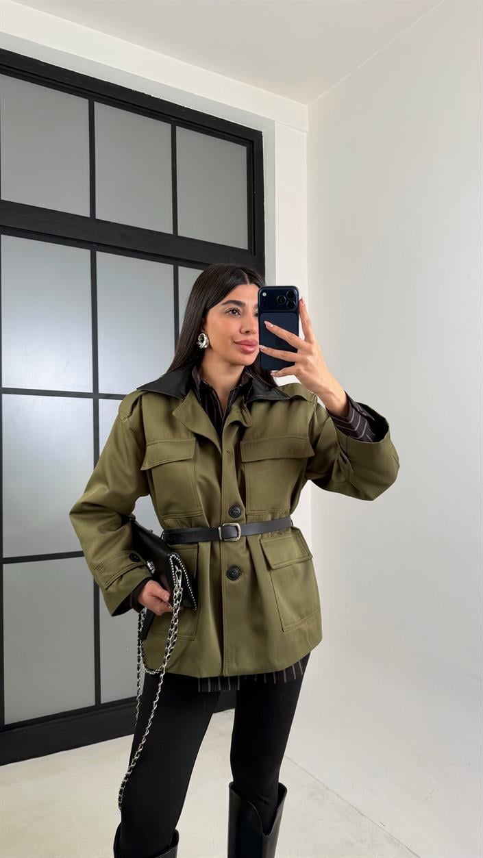 Yeşil Deri Yakalı Kemerli Astarlı Premium Ceket GAUS-00843