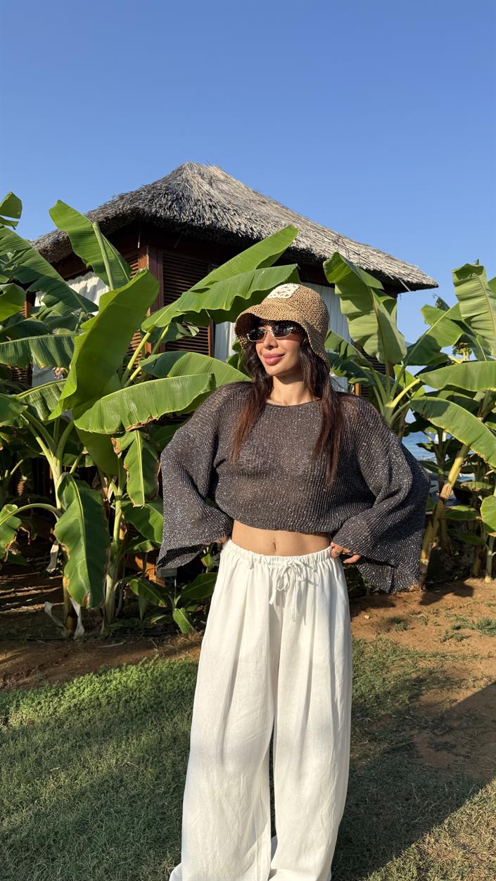 Vizon Önden Bağlamlı Beli Lastikli Bluz Etek İkili Kırışık Tencel Takım Gaus00655