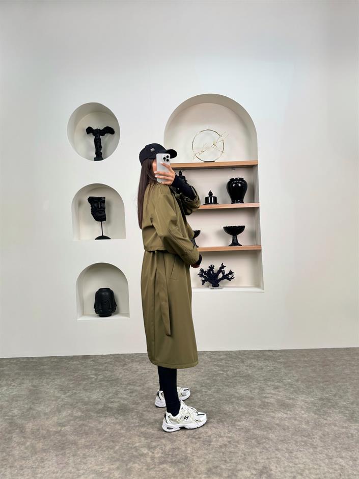 Espe Haki Premium Astarlı İkili Sihirli Trençkot