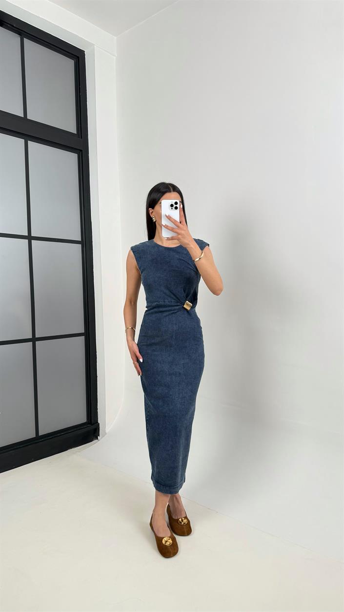 Mavi Yıkamalı Gold Detaylı Yırtmaçlı Likralı Denim Elbise DNM01 Gaus00375