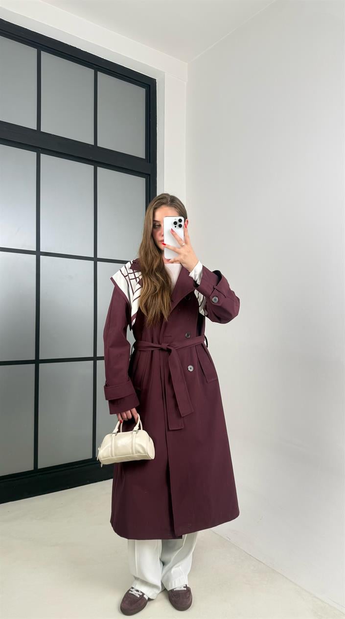 Bordo Fular Detaylı Kuşaklı Tasarım Trençkot GAUS-00515