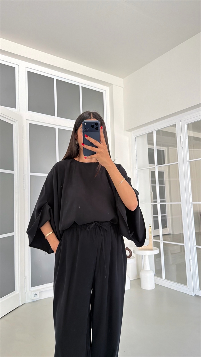 Siyah Yarasa Kol Bluz Beli Lastikli Şalvar Pantolon İkili Tencel Takım GAUS-01840