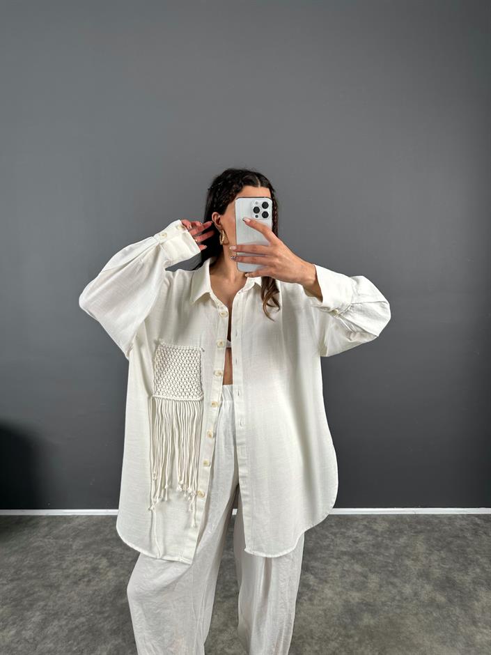 Beyaz Püsküllü Premium Oversize Keten Gömlek 