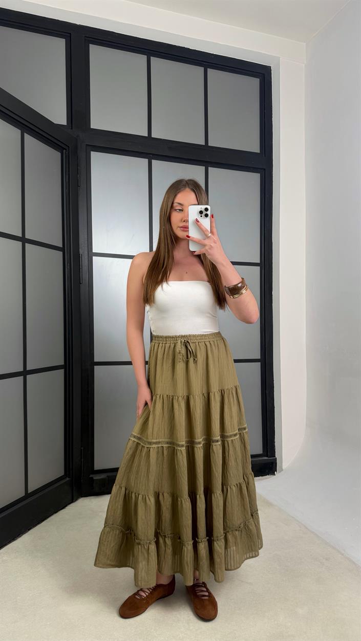 Yeşil Beli Lastikli Nakış Detaylı Astarlı Etek GAUS-01242