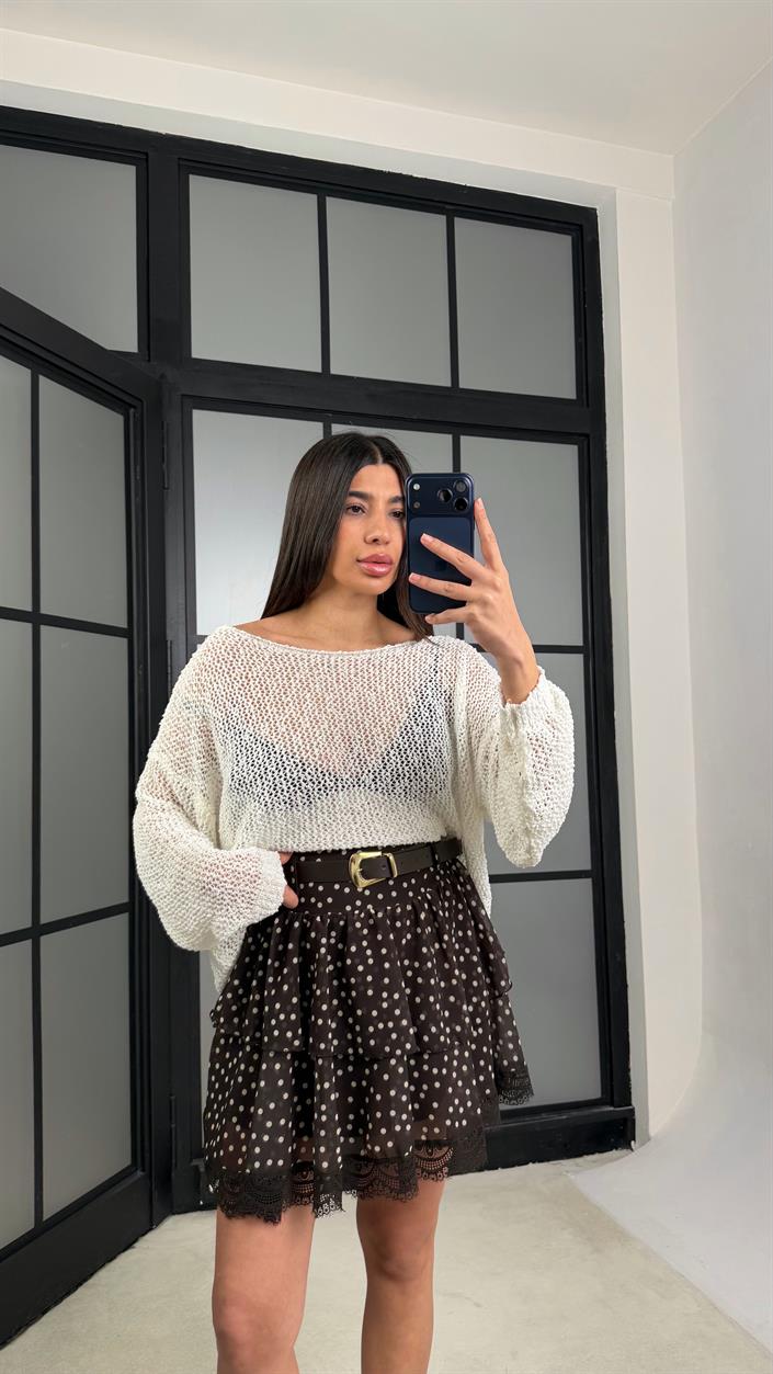 Acı Kahve Kemerli Katlı Puantiye Desenli Etek PNY07 GAUS-01322