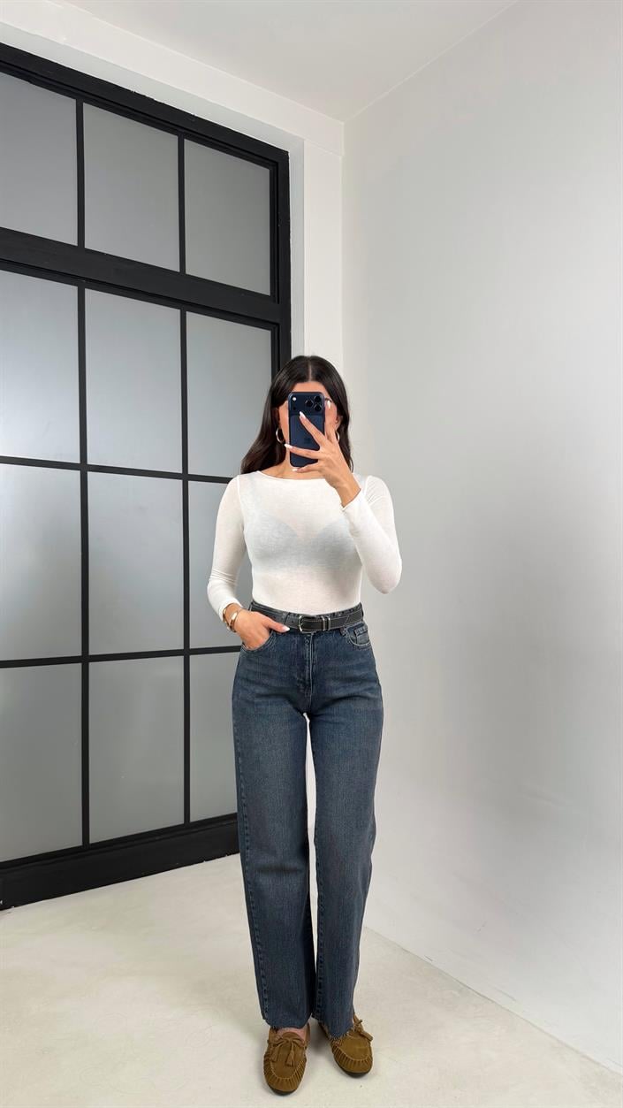 Lacivert Kesik Paça Yıkama Desenli Kemerli Jean GAUS-00541