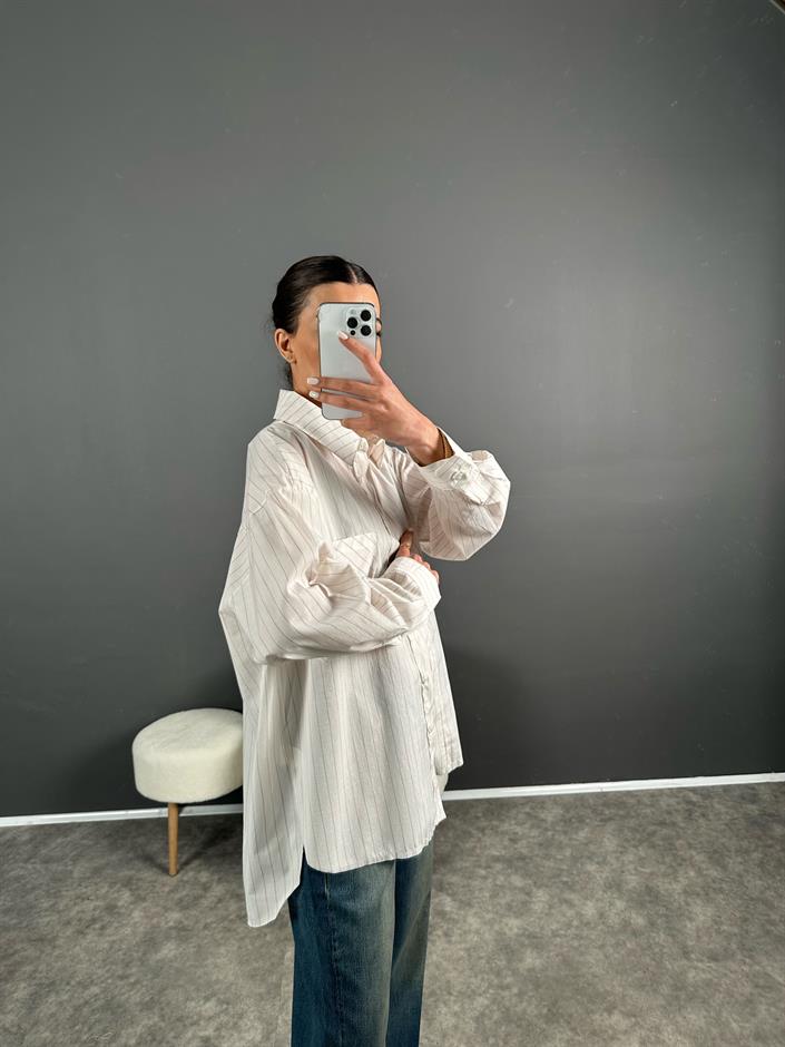 Purcey Premium Bej Çizgili Oversize Gömlek