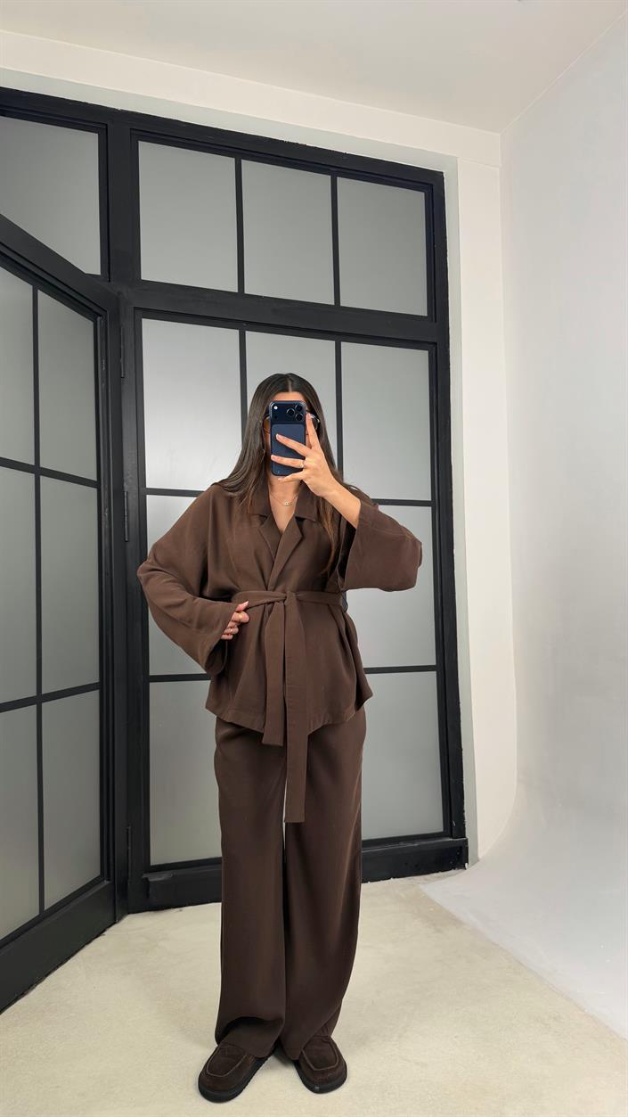 Acı Kahve Kuşaklı Ceket Beli Lastikli Pantolon Tencel Takım GAUS-01128