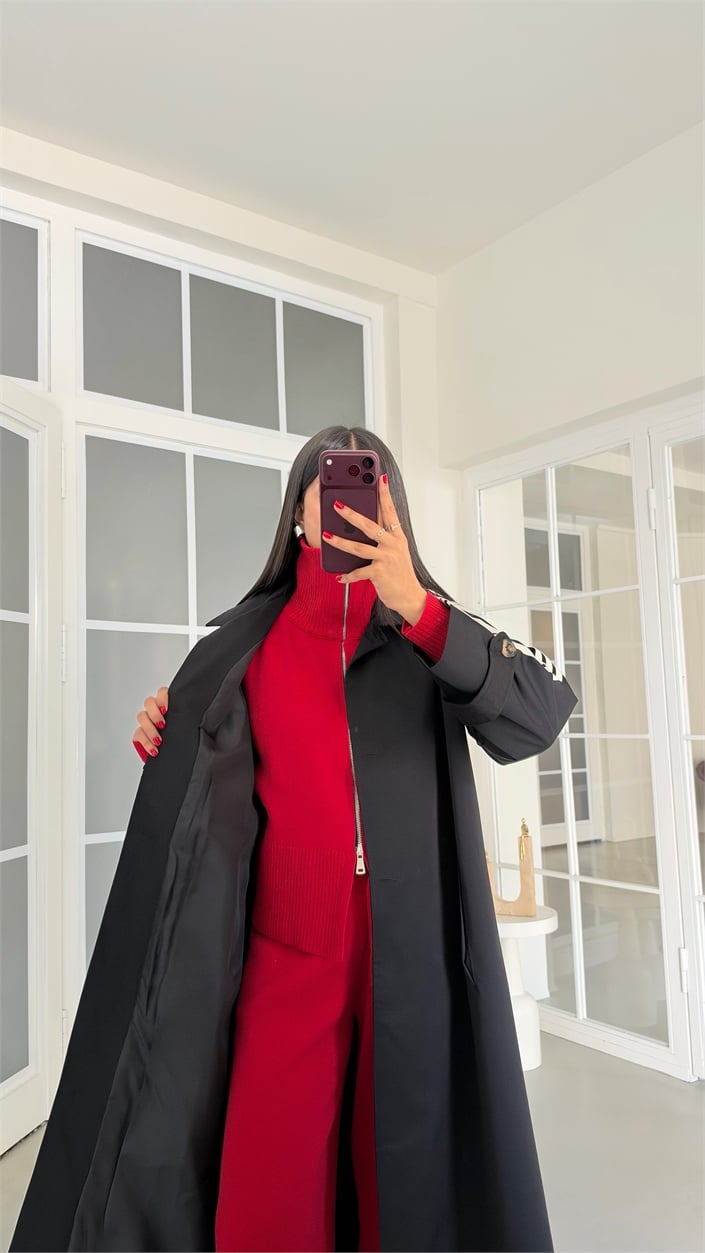 Siyah Kol Şeritli Astarlı Trençkot GAUS-02245