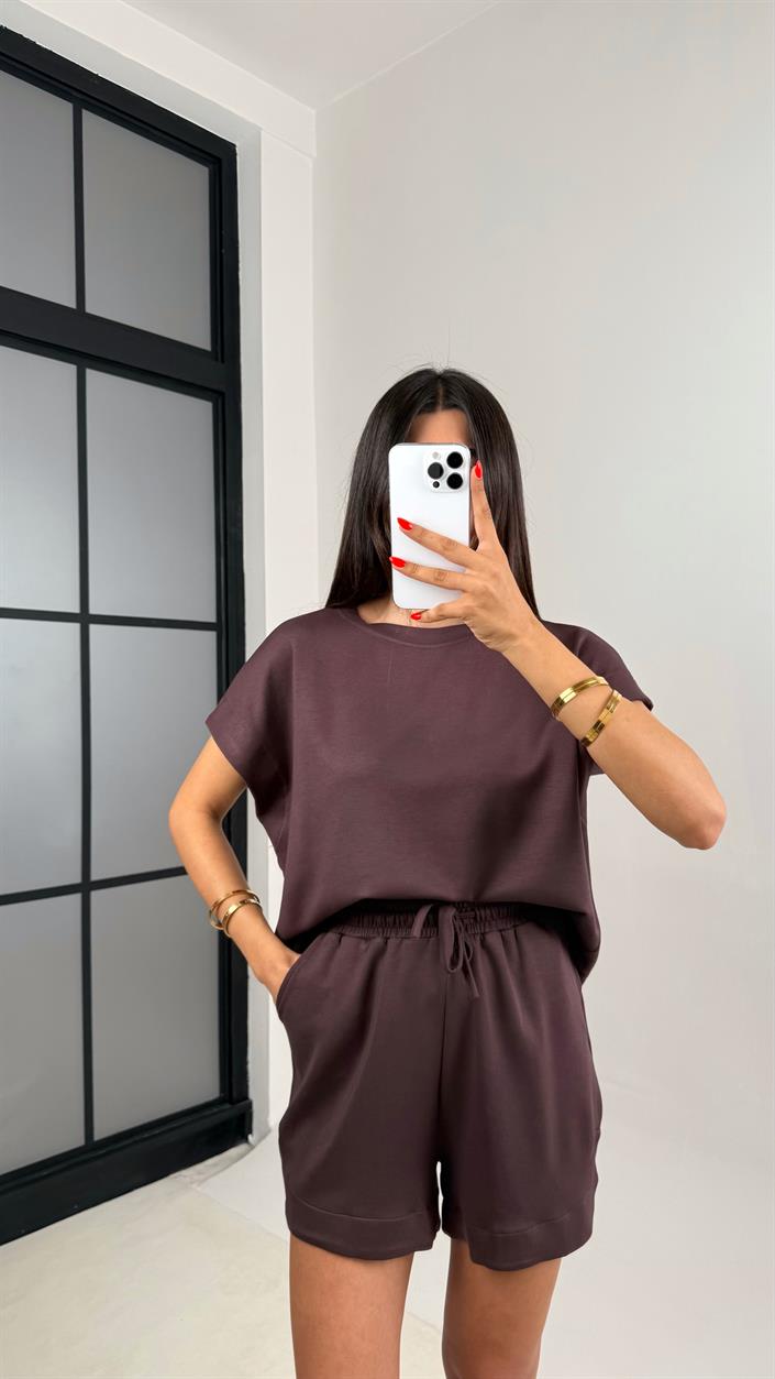 Acı Kahve Tshirt Şort İkili Modal Kumaş Takım Gaus00691