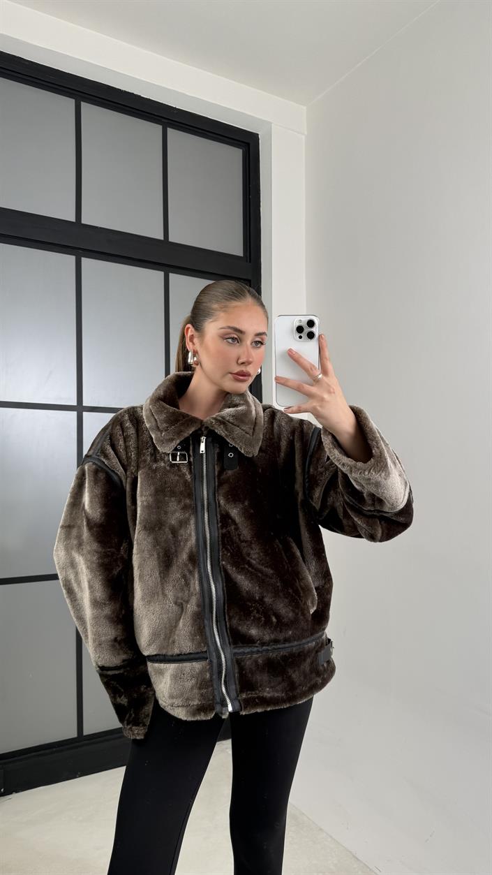 Kahve Tavşan Tüylü Görünümlü Yakalı Kürk Mont GAUS-00614