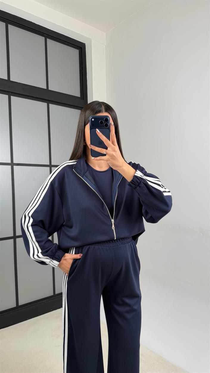 Lacivert 3lü Şerit Detaylı Modal Takım GAUS-01140