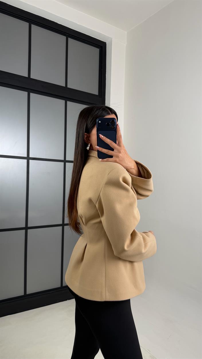 Camel Astarlı Belden Oturtmalı Premium Kaşe Ceket GAUS-00773