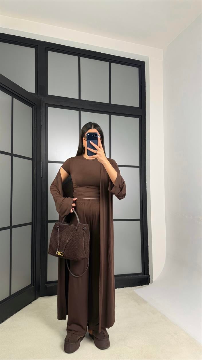 Kahve Kaşmir Yumuşak Dokulu Likralı 3lü Premium Takım GAUS-01171