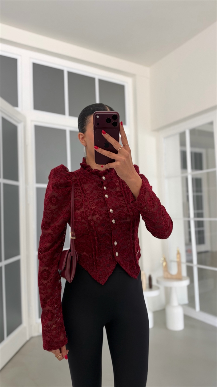 Bordo Vatkalı Yumuşak Dantelli Tasarım Bluz GAUS-02331
