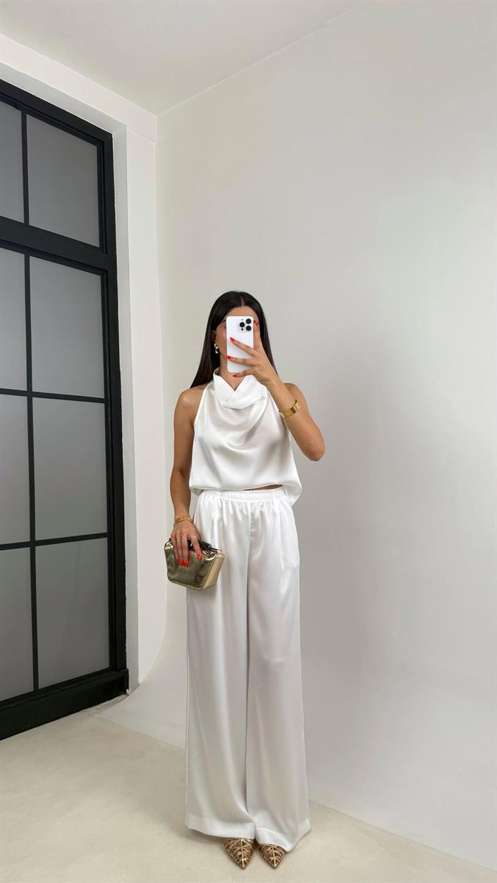 Beyaz Degaje Yaka Bluz Beli Lastikli Pantolon Saten Takım GAUS-01222