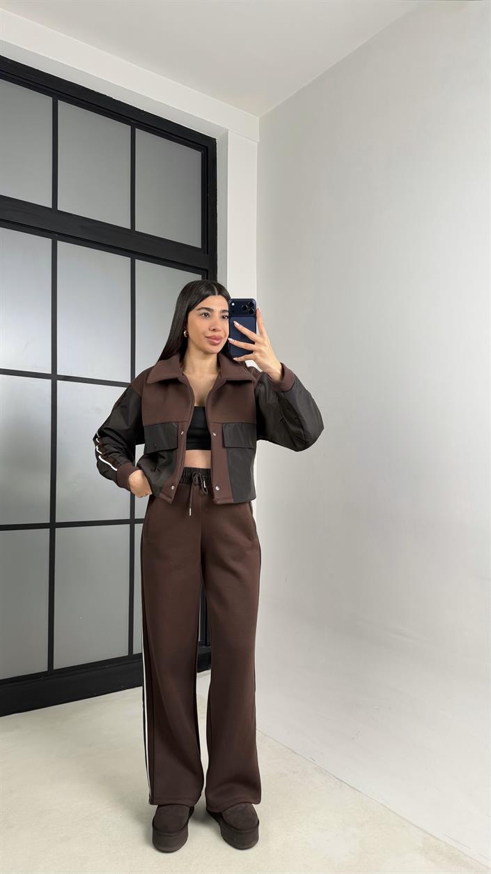 Kahve Cepli Paraşüt Detaylı Ceket Beli Lastikli Pantolon Premium Takım GAUS-00854