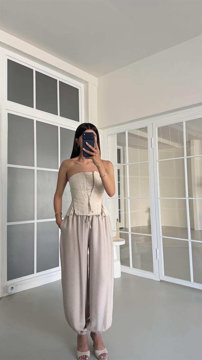 Taş Beli Lastikli Keten Şalvar Pantolon GAUS-01518