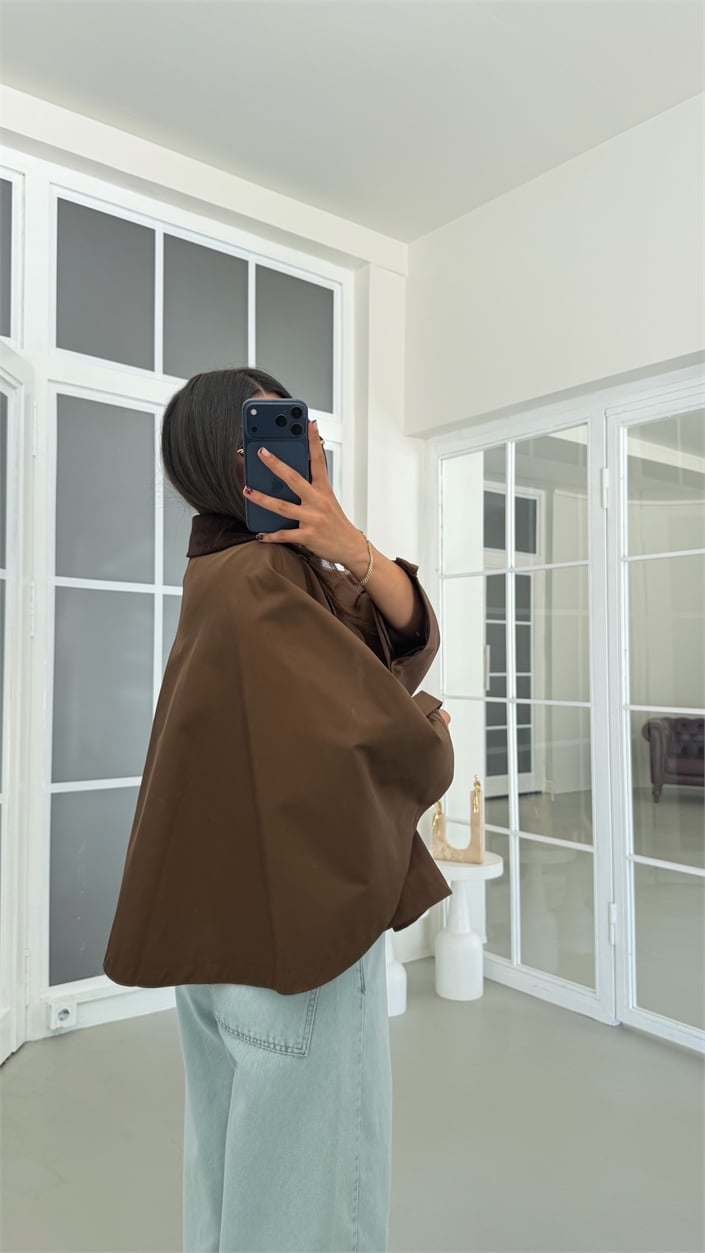 Kahve Kadife Yaka Astarlı Pelerin Trençkot GAUS-01907