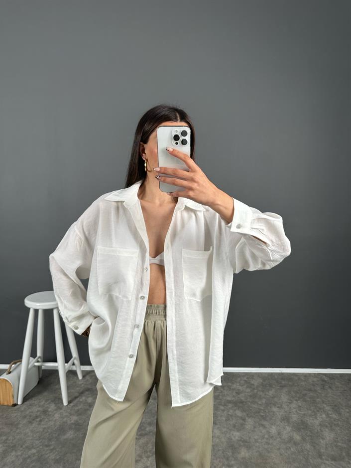 Lupus Beyaz Çift Cepli Oversize Premium Gömlek 