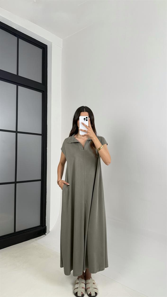 Haki MD Muadil Polo Yaka Cepli Basic Elbise Gaus00568